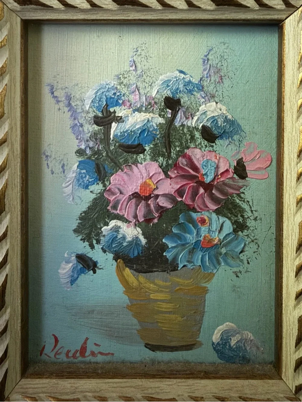 Vintage Signed Miniature Floral Oil Painting in Ornate Gilt Frame